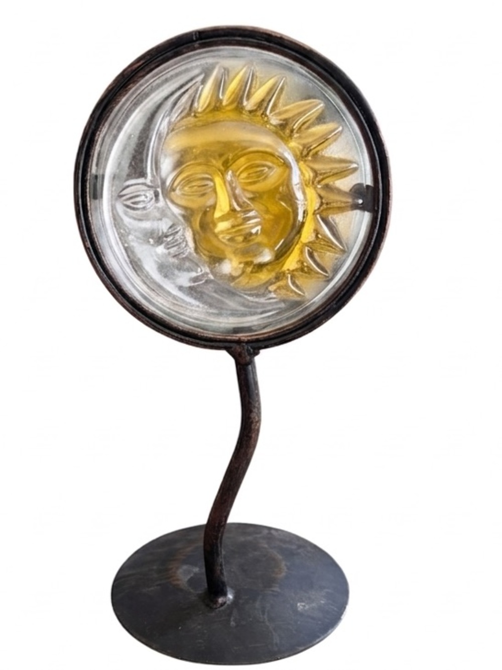 Vintage 90s celestial sun and moon glass art piece|Wrought-iron stand|Whimsigoth